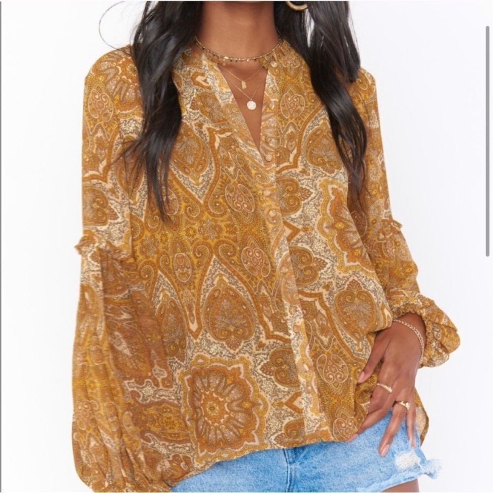 SHOW ME YOUR MUMU | Georgie Golden Paisley Print V-Neck Blouse Women’s Size XS